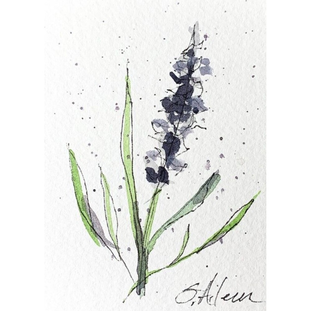 ACEO Painting Watercolor Ink Lavender Flower Purple Botanical Minimal IV Signed
